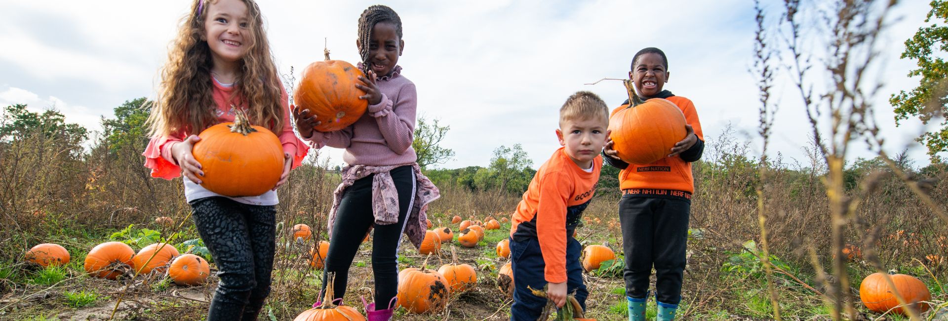 Children with pumpkins in their hands in pumpkin fields smiling to camera at Bluebell Dairy
