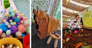 Collage of three images showcasing colourful balls that can be glued together during craft session for Farm Academy event during February Half Term; cardboard highland cow with fluffy hair and stool next to it; woman in cow onesie picking up carrots from the soil smiling in the camera