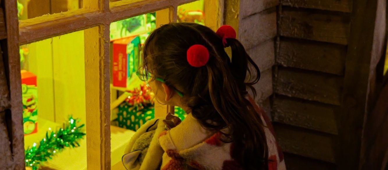 Girl looking through the Toy Emporium window at Christmas at Bluebell Dairy